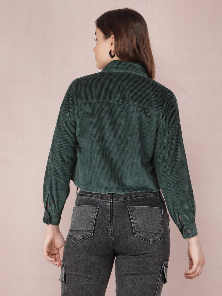Green Vertical Stripes Crop Length Knitted Shacket-Women Shackets-Crimsoune Club