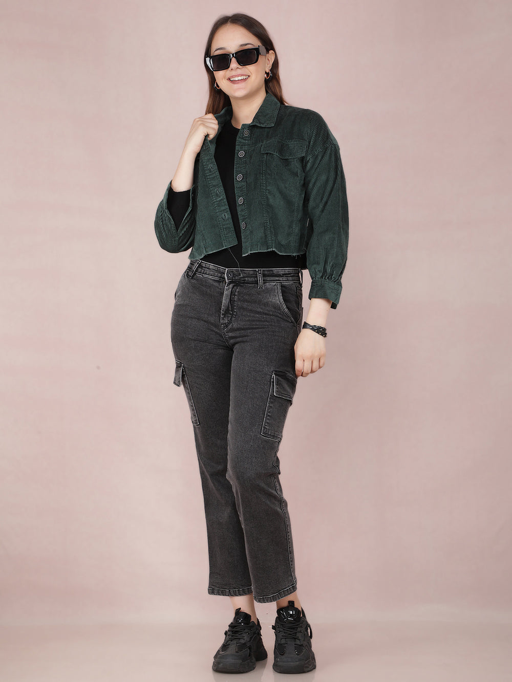 Green Vertical Stripes Crop Length Knitted Shacket-Women Shackets-Crimsoune Club