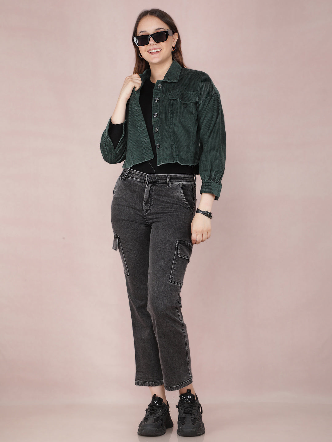 Green Vertical Stripes Crop Length Knitted Shacket-Women Shackets-Crimsoune Club