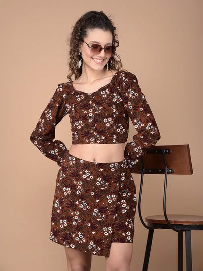 Brown Floral Print Crop Length 100% Cotton Corduroy Co-Ord Sets-Women Co-Ord Sets-Crimsoune Club