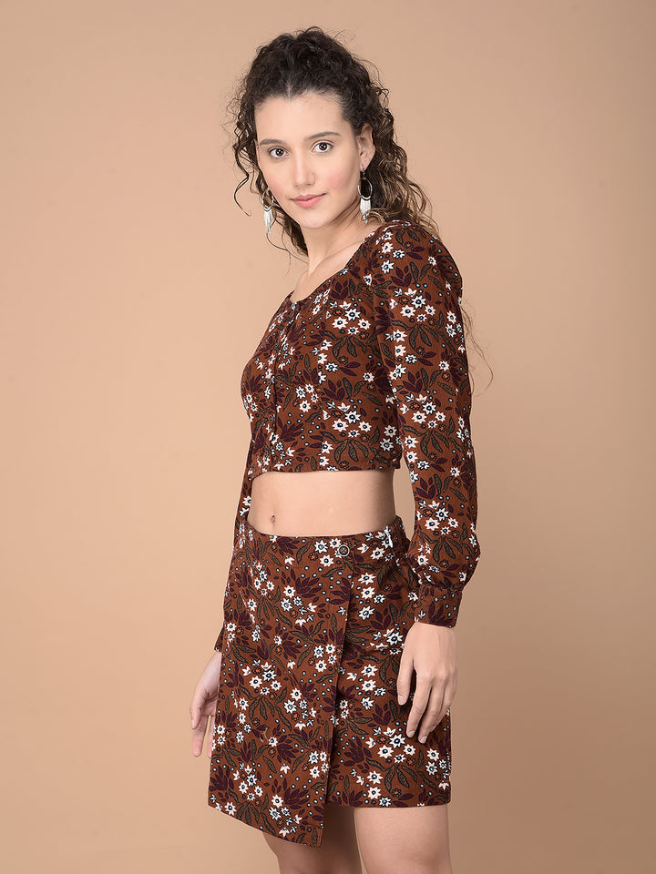 Brown Floral Print Crop Length 100% Cotton Corduroy Co-Ord Sets-Women Co-Ord Sets-Crimsoune Club