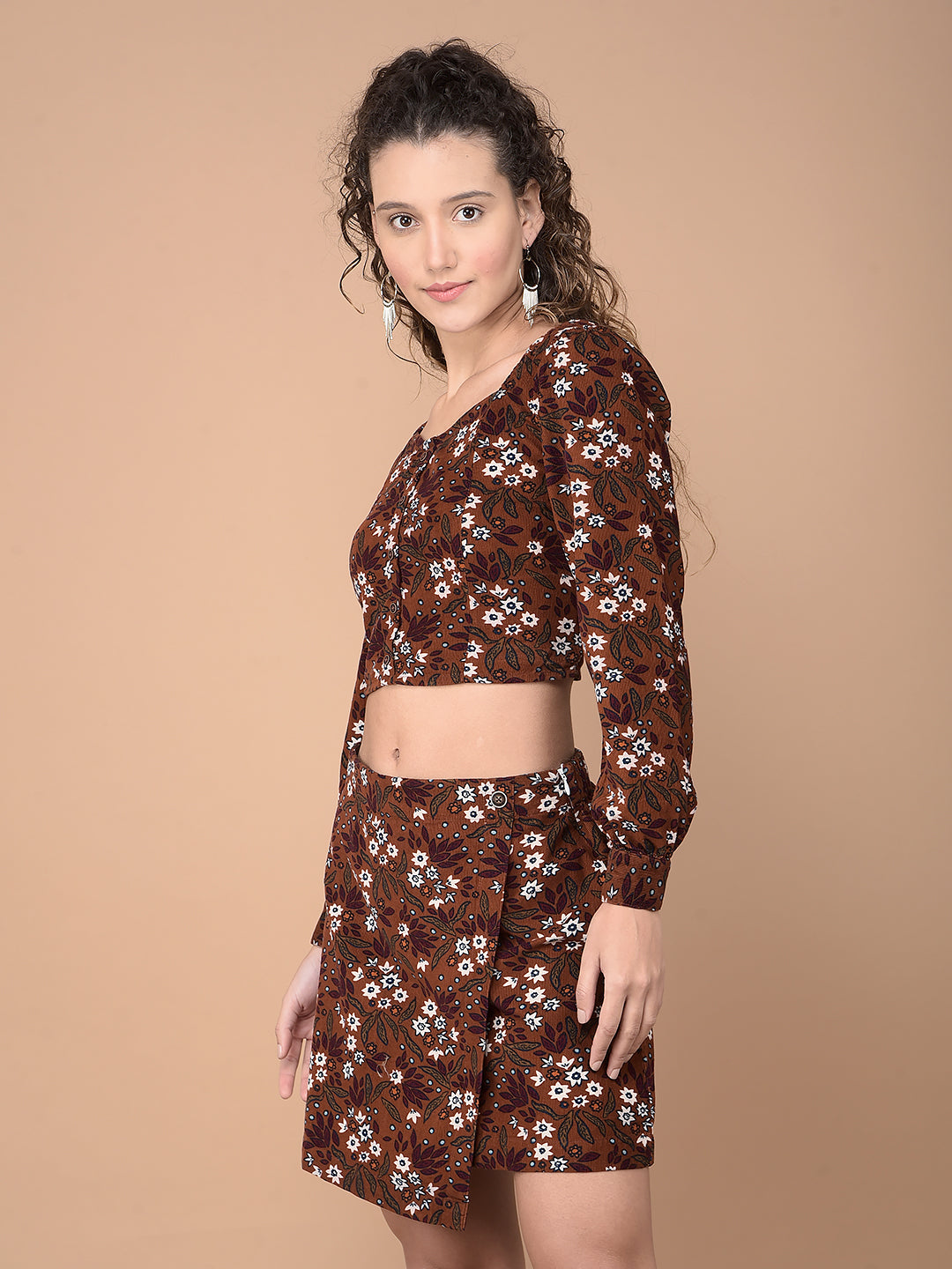 Brown Floral Print Crop Length 100% Cotton Corduroy Co-Ord Sets-Women Co-Ord Sets-Crimsoune Club