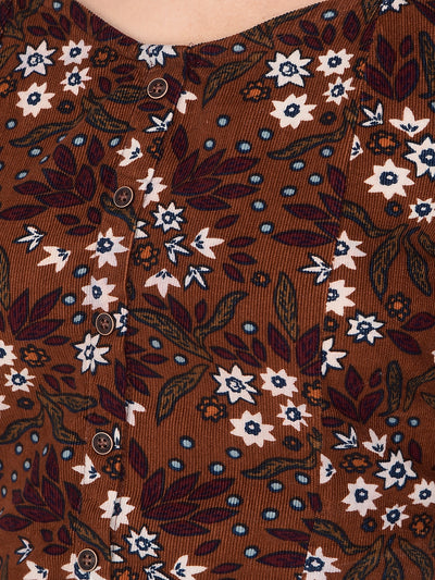 Brown Floral Print Crop Length 100% Cotton Corduroy Co-Ord Sets-Women Co-Ord Sets-Crimsoune Club