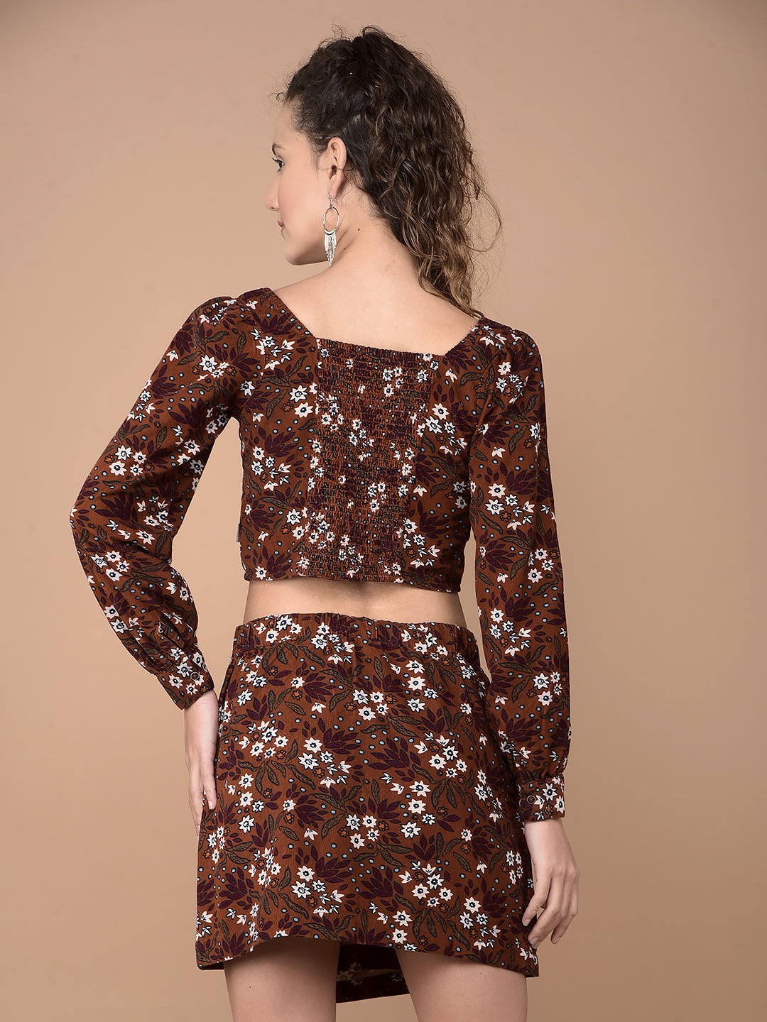 Brown Floral Print Crop Length 100% Cotton Corduroy Co-Ord Sets-Women Co-Ord Sets-Crimsoune Club
