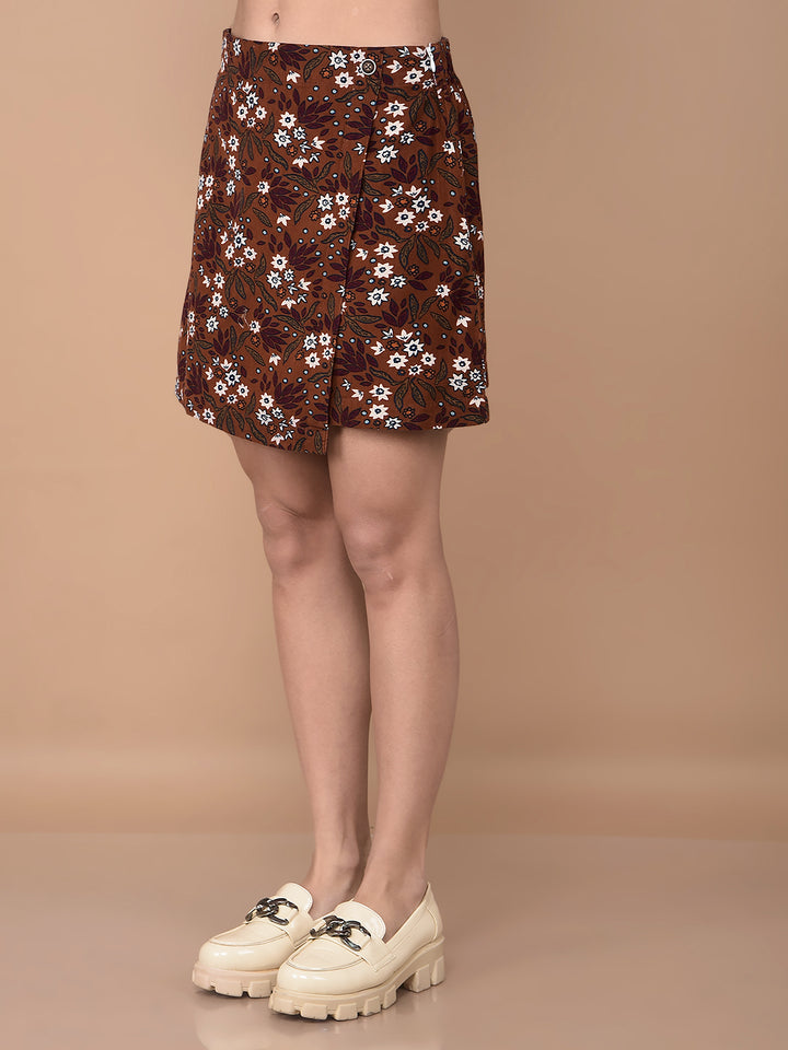 Brown Floral Print Crop Length 100% Cotton Corduroy Co-Ord Sets-Women Co-Ord Sets-Crimsoune Club