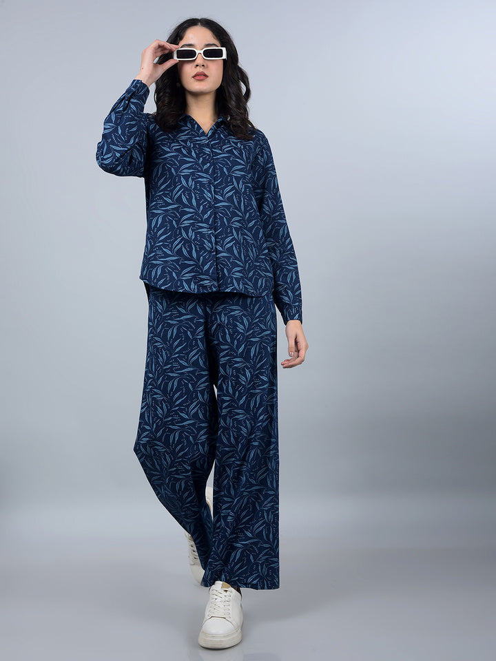 Blue 100% Cotton Floral Print Co-Ord Set-Women Co-Ord Sets-Crimsoune Club