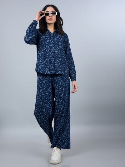 Blue 100% Cotton Floral Print Co-Ord Set-Women Co-Ord Sets-Crimsoune Club