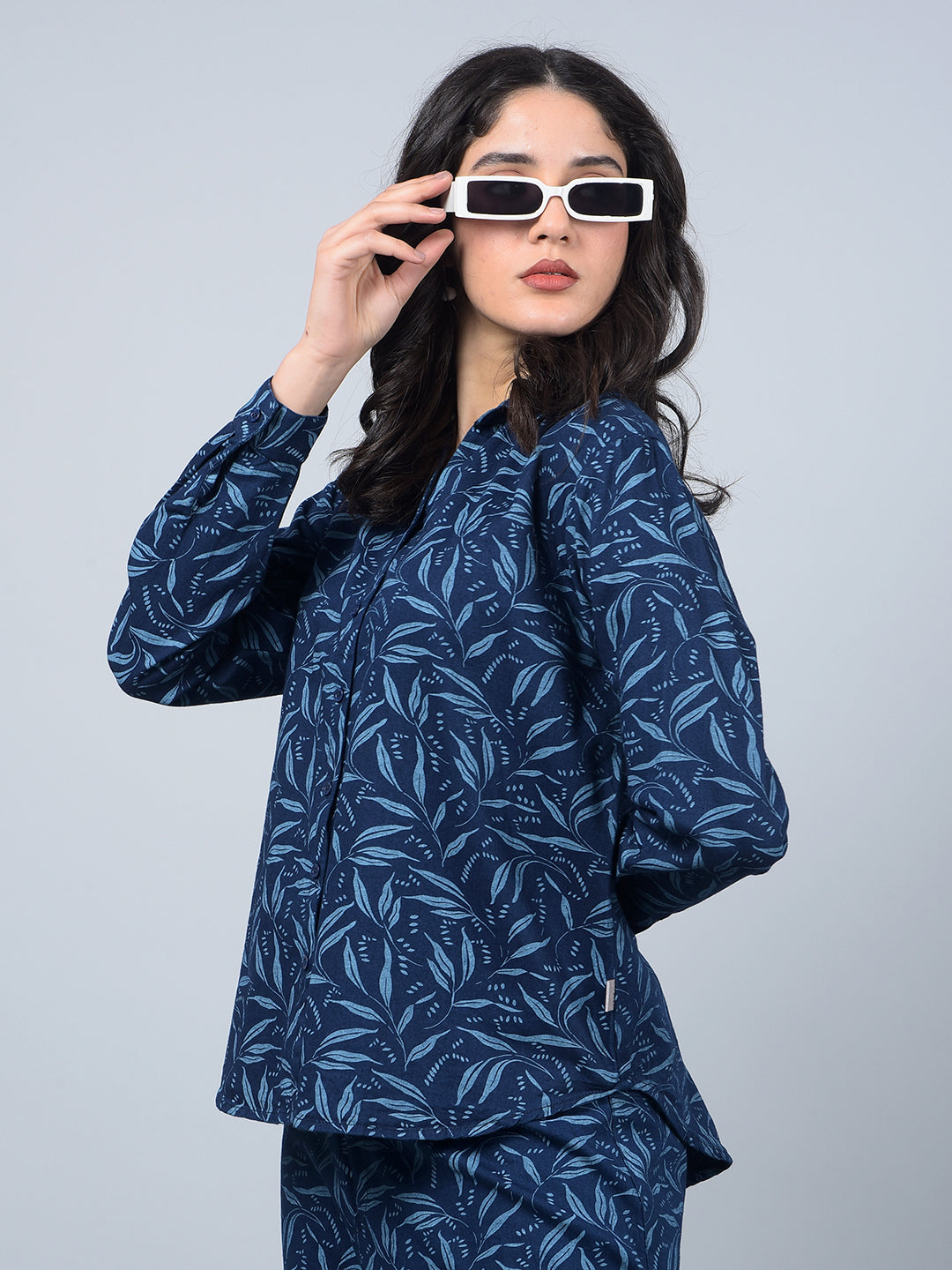 Blue 100% Cotton Floral Print Co-Ord Set-Women Co-Ord Sets-Crimsoune Club