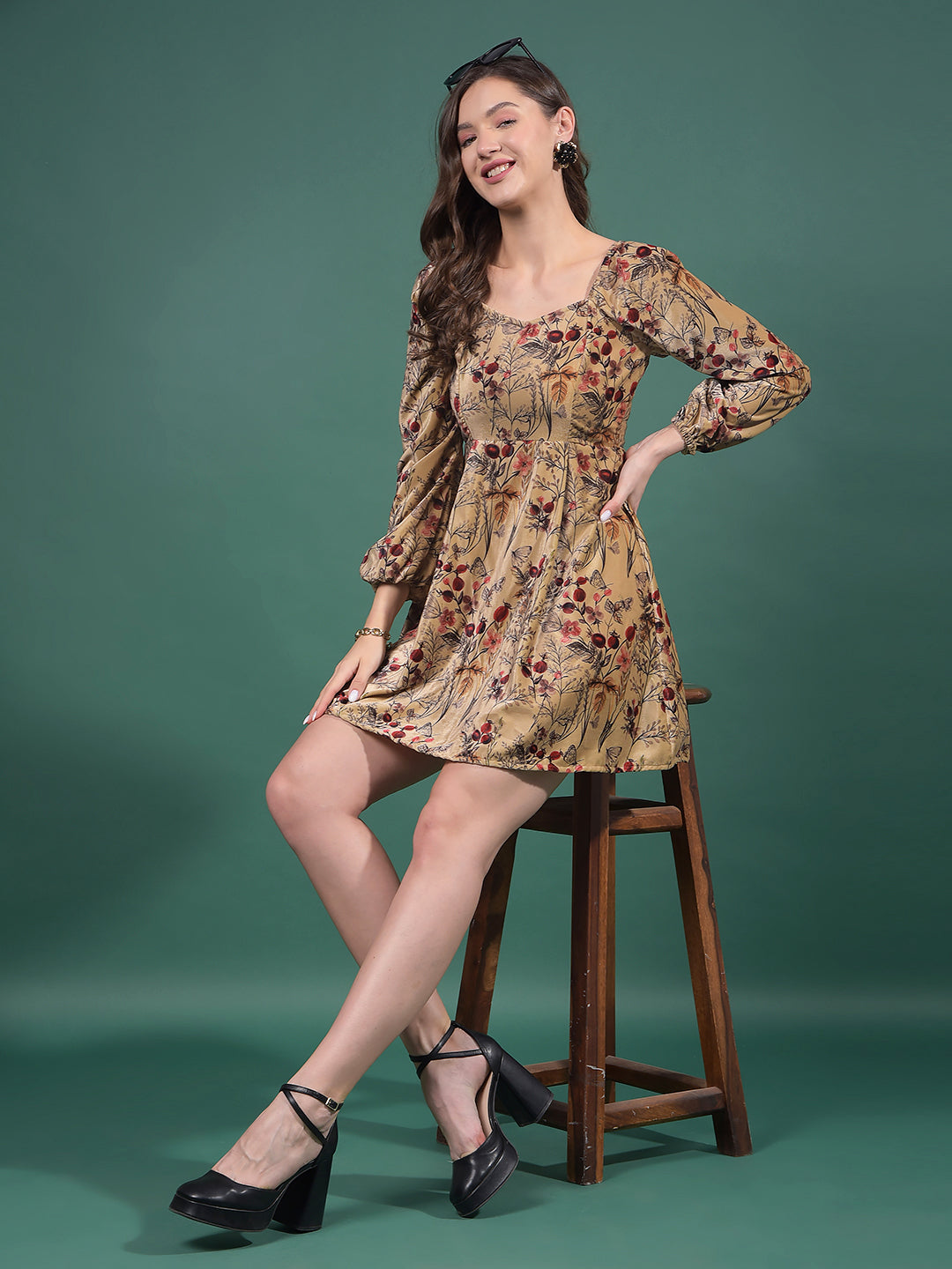 Brown Floral Print Square Neck A-Line Mini Dress-Women Dresses-Crimsoune Club