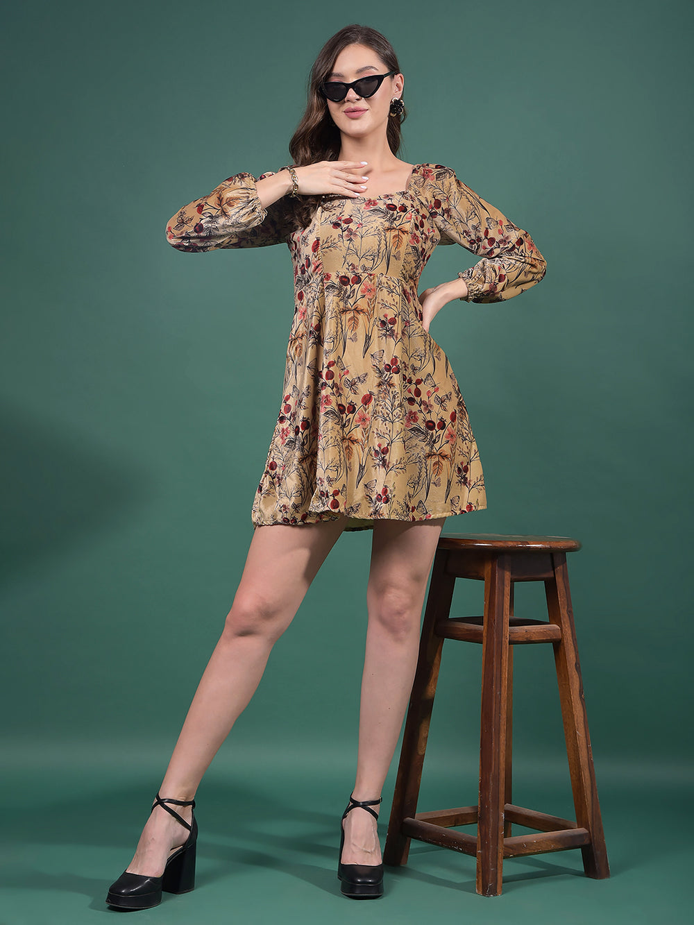 Brown Floral Print Square Neck A-Line Mini Dress-Women Dresses-Crimsoune Club