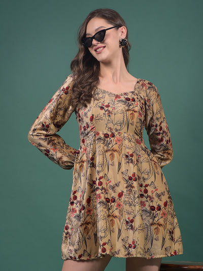 Brown Floral Print Square Neck A-Line Mini Dress-Women Dresses-Crimsoune Club