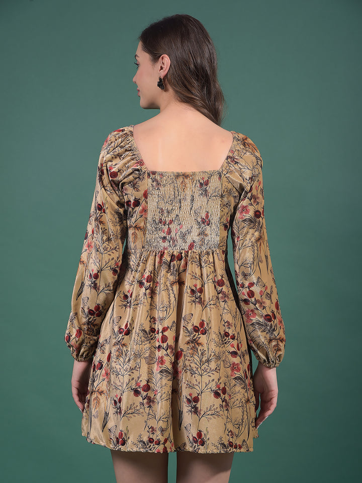 Brown Floral Print Square Neck A-Line Mini Dress-Women Dresses-Crimsoune Club