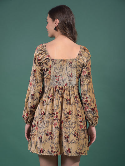 Brown Floral Print Square Neck A-Line Mini Dress-Women Dresses-Crimsoune Club