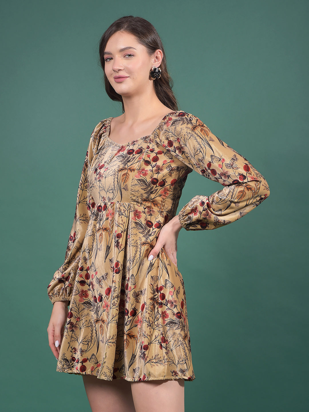 Brown Floral Print Square Neck A-Line Mini Dress-Women Dresses-Crimsoune Club