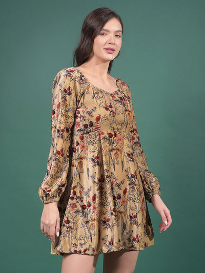 Brown Floral Print Square Neck A-Line Mini Dress-Women Dresses-Crimsoune Club
