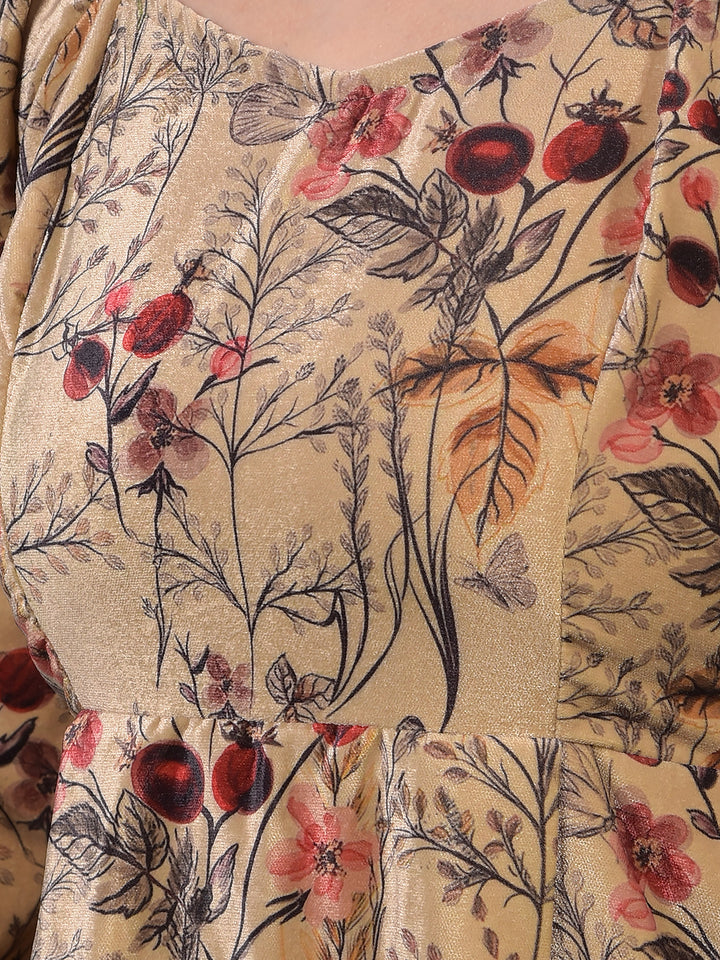 Brown Floral Print Square Neck A-Line Mini Dress-Women Dresses-Crimsoune Club