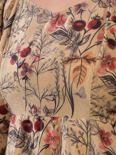 Brown Floral Print Square Neck A-Line Mini Dress-Women Dresses-Crimsoune Club