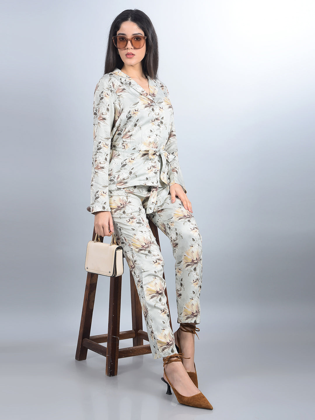 Multi-Color Floral Print Co-Ord Set With Belt-Women Co-Ord Sets-Crimsoune Club
