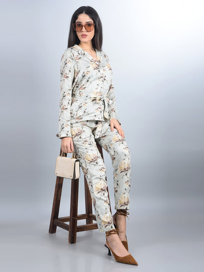 Multi-Color Floral Print Co-Ord Set With Belt-Women Co-Ord Sets-Crimsoune Club