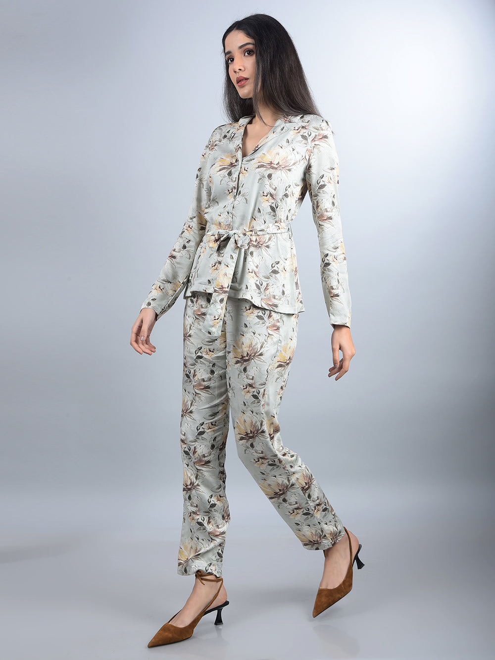 Multi-Color Floral Print Co-Ord Set With Belt-Women Co-Ord Sets-Crimsoune Club