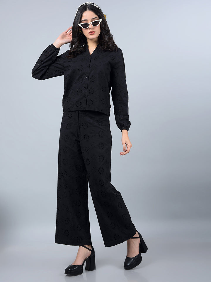 Black 100% Cotton Floral Print Semi-Sheer Co-Ord Set-Women Co-Ord Sets-Crimsoune Club