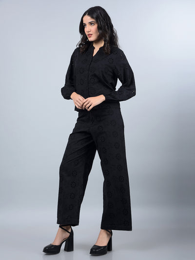 Black 100% Cotton Floral Print Semi-Sheer Co-Ord Set-Women Co-Ord Sets-Crimsoune Club