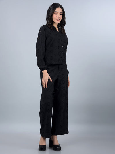 Black 100% Cotton Floral Print Semi-Sheer Co-Ord Set-Women Co-Ord Sets-Crimsoune Club