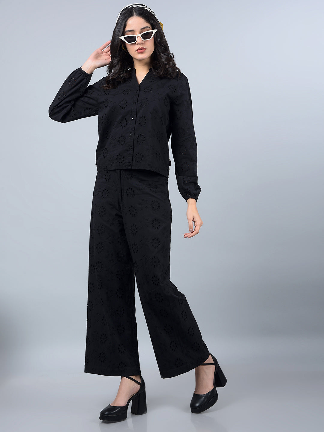Black 100% Cotton Floral Print Semi-Sheer Co-Ord Set-Women Co-Ord Sets-Crimsoune Club
