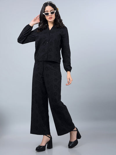 Black 100% Cotton Floral Print Semi-Sheer Co-Ord Set-Women Co-Ord Sets-Crimsoune Club