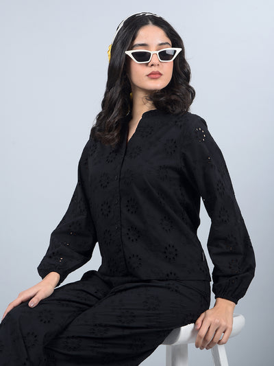 Black 100% Cotton Floral Print Semi-Sheer Co-Ord Set-Women Co-Ord Sets-Crimsoune Club
