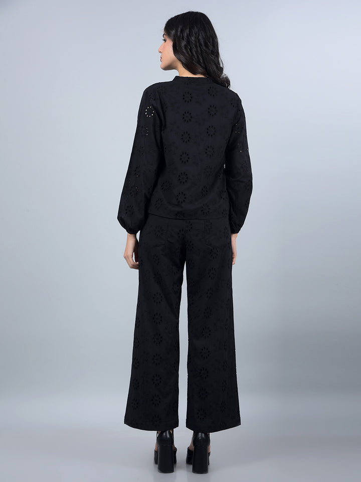 Black 100% Cotton Floral Print Semi-Sheer Co-Ord Set-Women Co-Ord Sets-Crimsoune Club