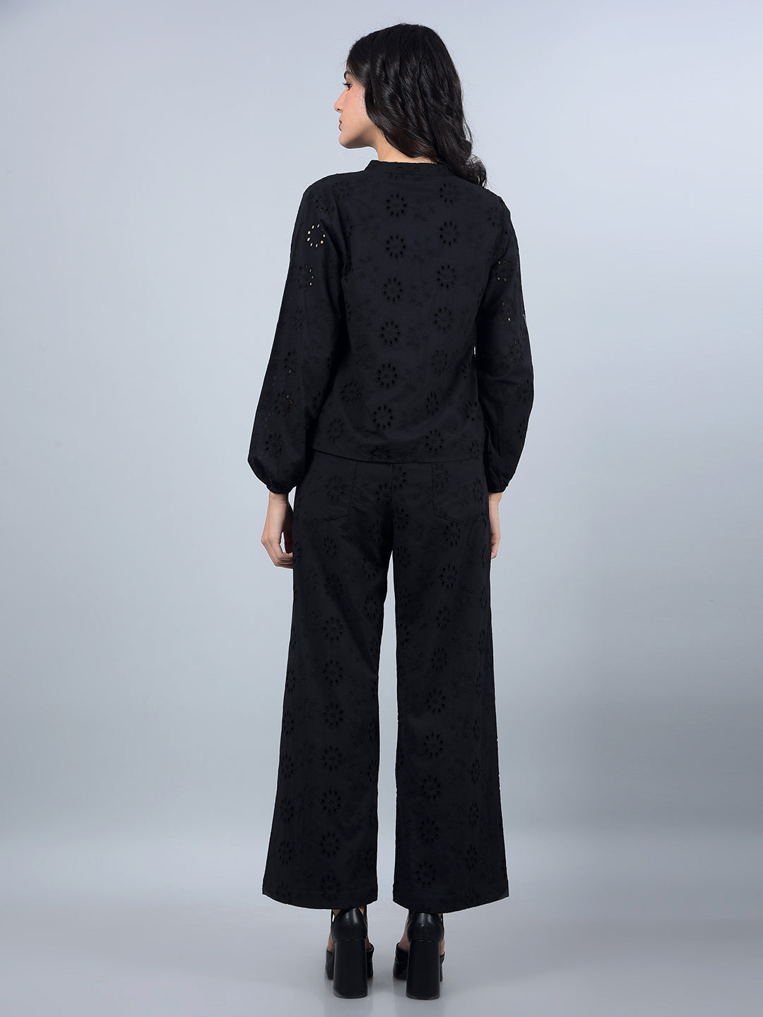 Black 100% Cotton Floral Print Semi-Sheer Co-Ord Set-Women Co-Ord Sets-Crimsoune Club