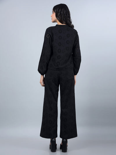 Black 100% Cotton Floral Print Semi-Sheer Co-Ord Set-Women Co-Ord Sets-Crimsoune Club