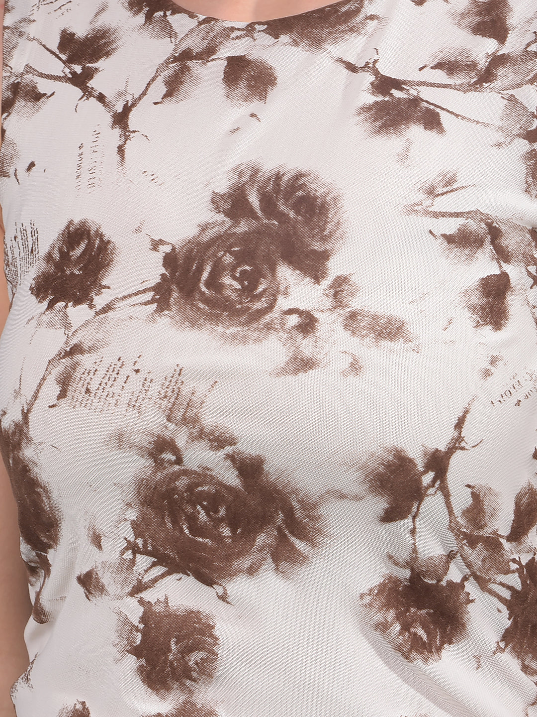 Brown Floral Print Sleeveless Bodycon Dress-Women Dresses-Crimsoune Club