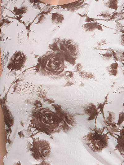 Brown Floral Print Sleeveless Bodycon Dress-Women Dresses-Crimsoune Club