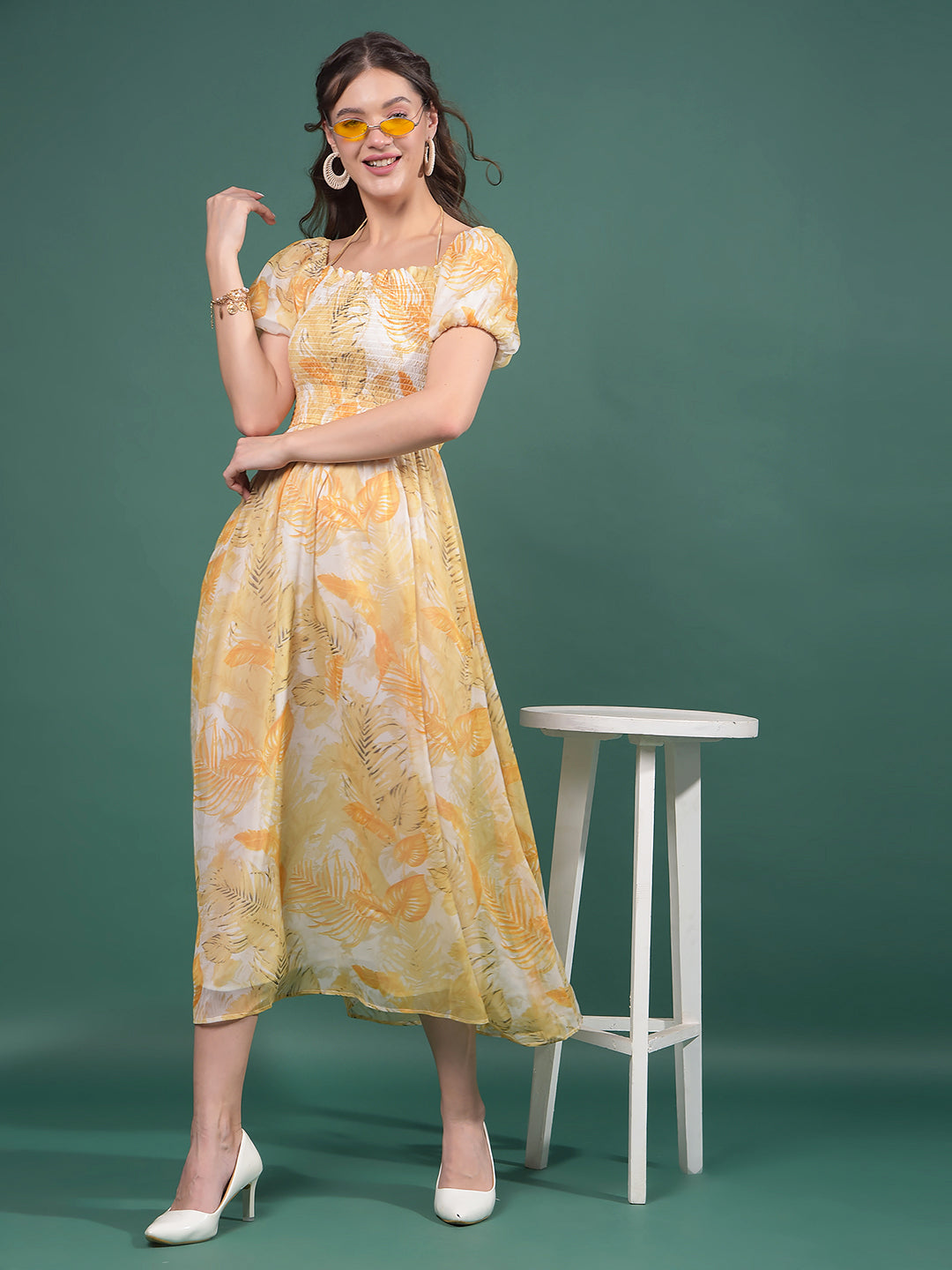 Mustard Floral Print Square Neck A-Line Dress-Women Dresses-Crimsoune Club