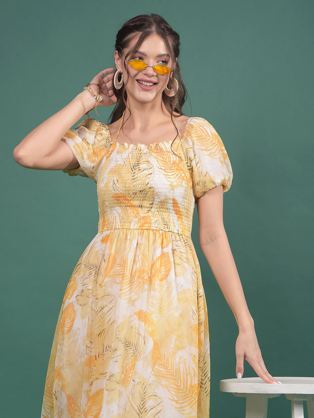 Mustard Floral Print Square Neck A-Line Dress-Women Dresses-Crimsoune Club