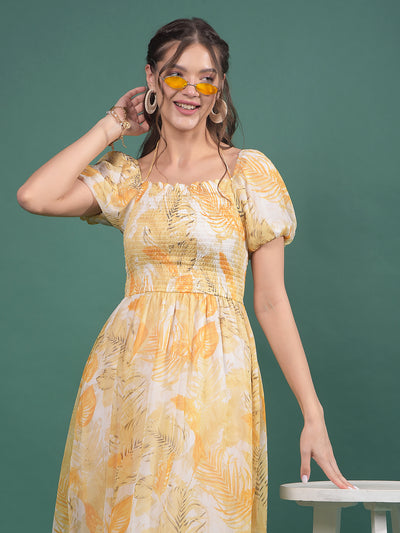 Mustard Floral Print Square Neck A-Line Dress-Women Dresses-Crimsoune Club