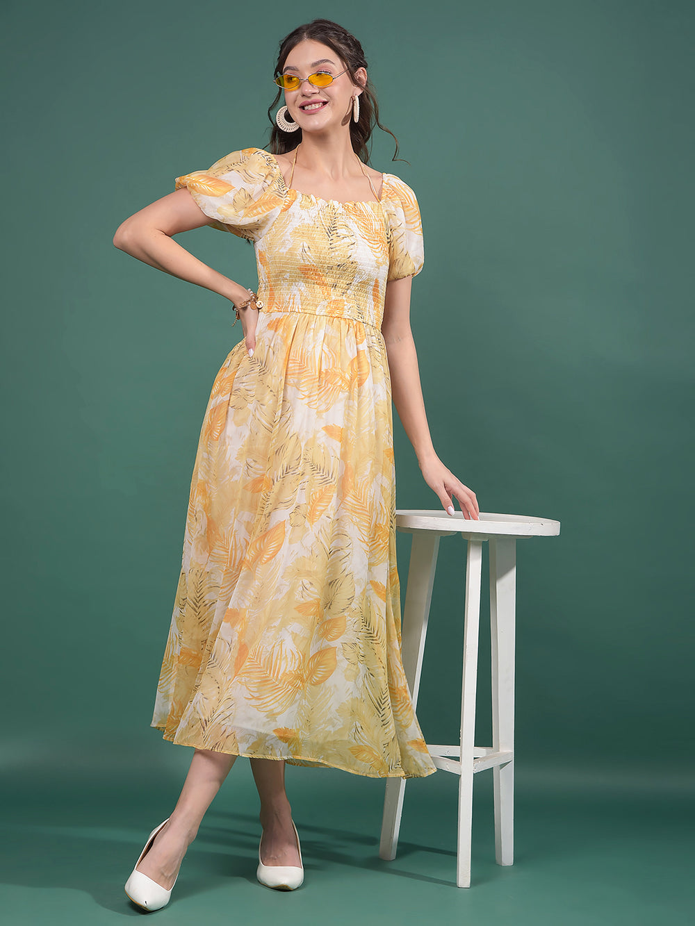 Mustard Floral Print Square Neck A-Line Dress-Women Dresses-Crimsoune Club