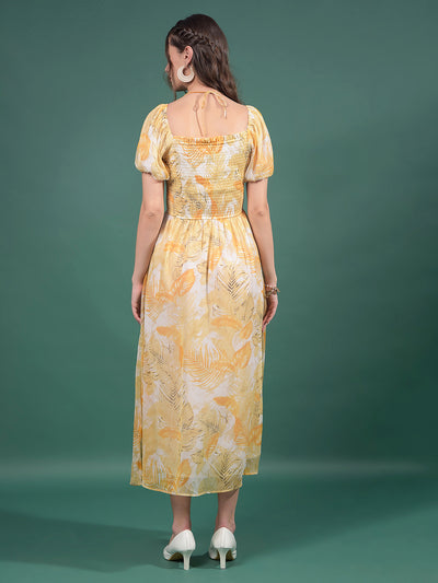 Mustard Floral Print Square Neck A-Line Dress-Women Dresses-Crimsoune Club