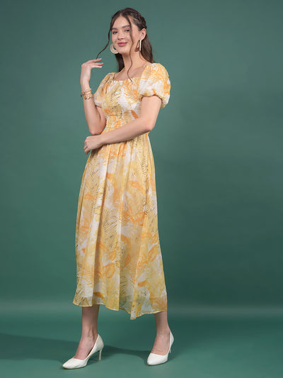 Mustard Floral Print Square Neck A-Line Dress-Women Dresses-Crimsoune Club