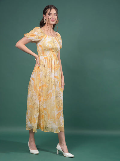 Mustard Floral Print Square Neck A-Line Dress-Women Dresses-Crimsoune Club