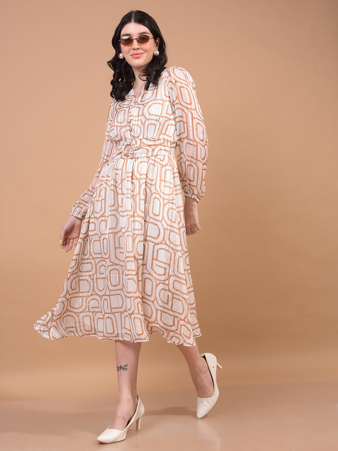 Women's Brown Printed V-Neck A-Line Dress-Women Dress-Crimsoune Club