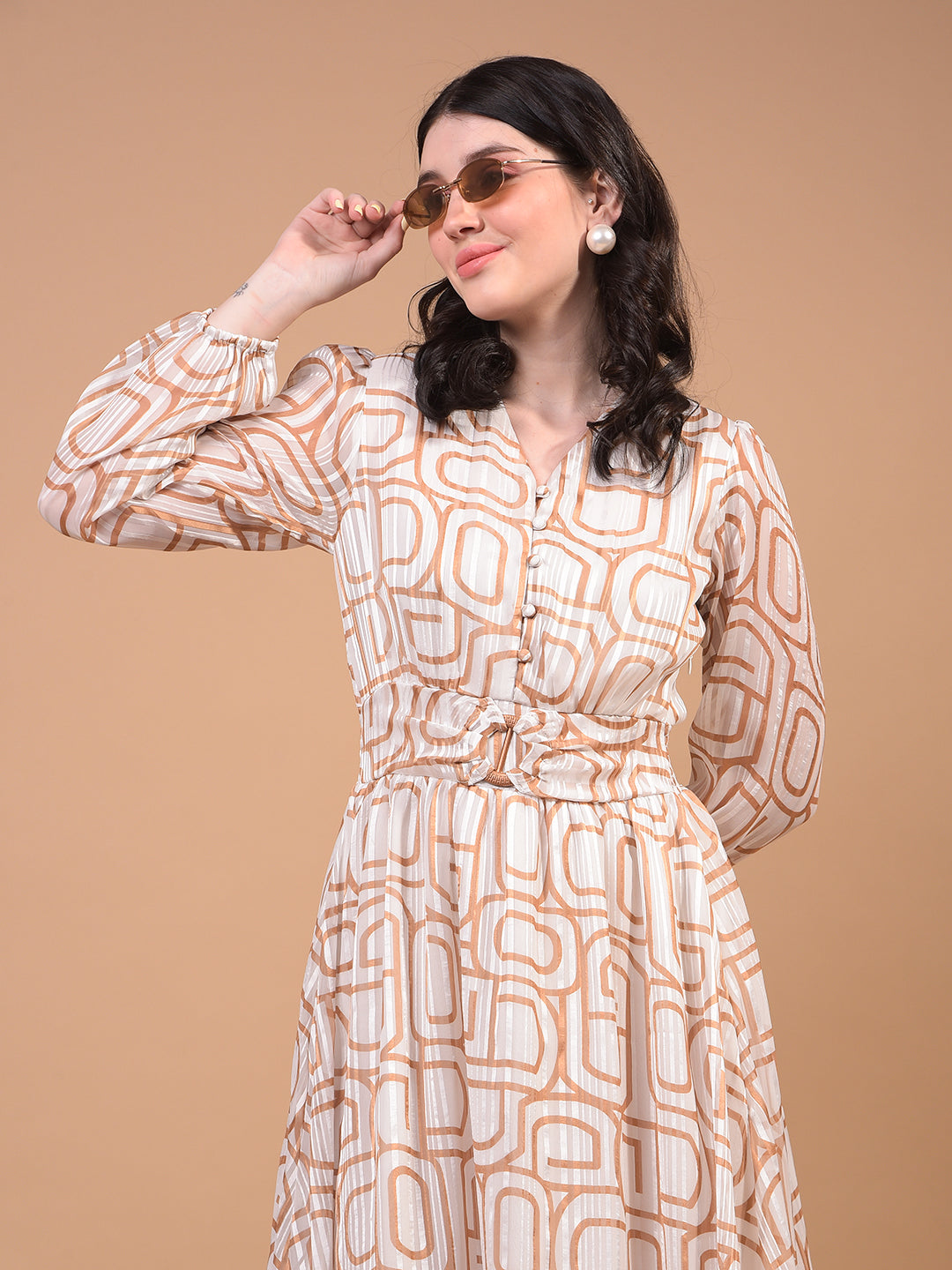 Women's Brown Printed V-Neck A-Line Dress-Women Dress-Crimsoune Club