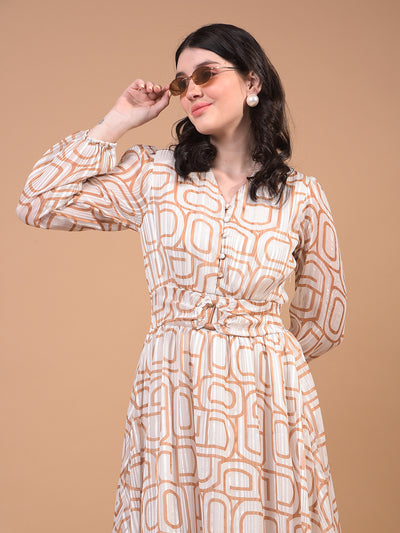 Women's Brown Printed V-Neck A-Line Dress-Women Dress-Crimsoune Club
