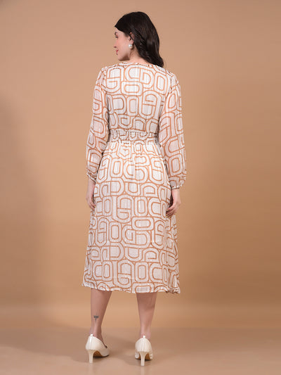 Women's Brown Printed V-Neck A-Line Dress-Women Dress-Crimsoune Club