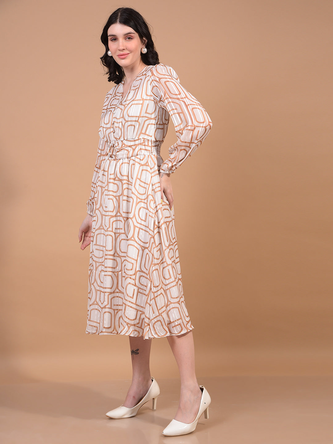 Women's Brown Printed V-Neck A-Line Dress-Women Dress-Crimsoune Club