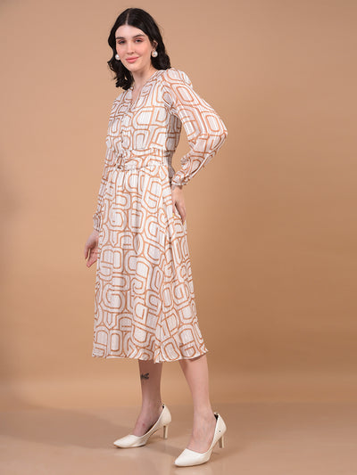 Women's Brown Printed V-Neck A-Line Dress-Women Dress-Crimsoune Club