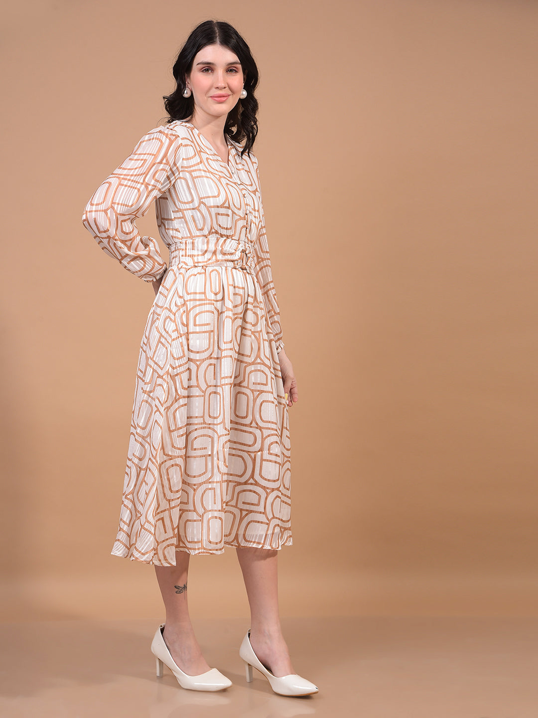 Women's Brown Printed V-Neck A-Line Dress-Women Dress-Crimsoune Club
