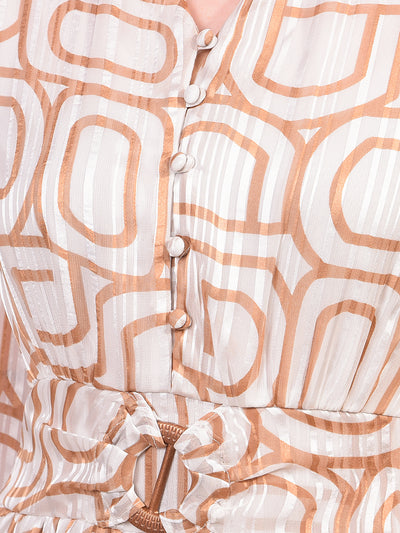 Women's Brown Printed V-Neck A-Line Dress-Women Dress-Crimsoune Club